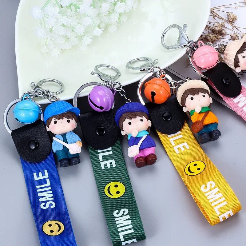 Fashion Schoolbag Boy Ribbon Bell Keychain Cute Boy Vinyl Keyring Bag