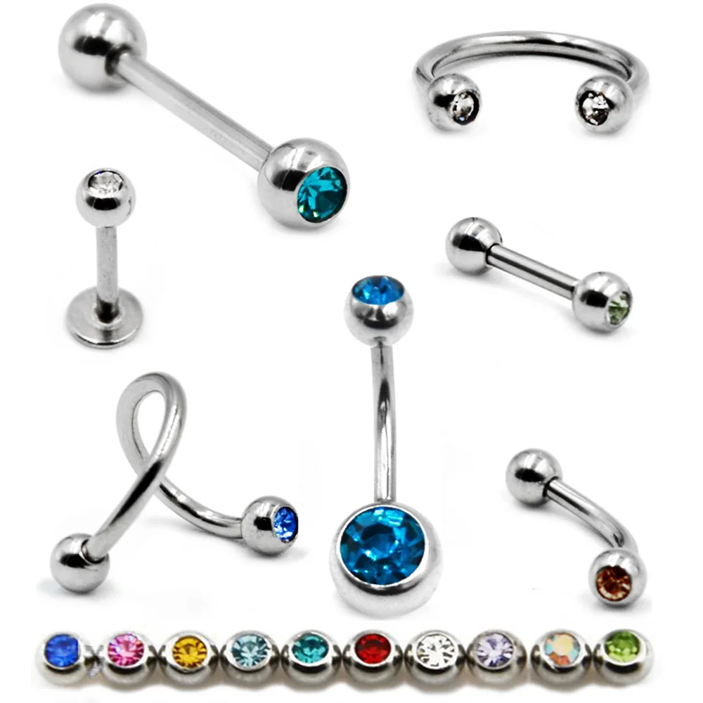 

Showlove-10PCS Mixed Color Gem Labret Ring Lip Stud Ear Cartilage Helix Tongue Barbell Barbell Ring Belly Ring Piercing Jewelry