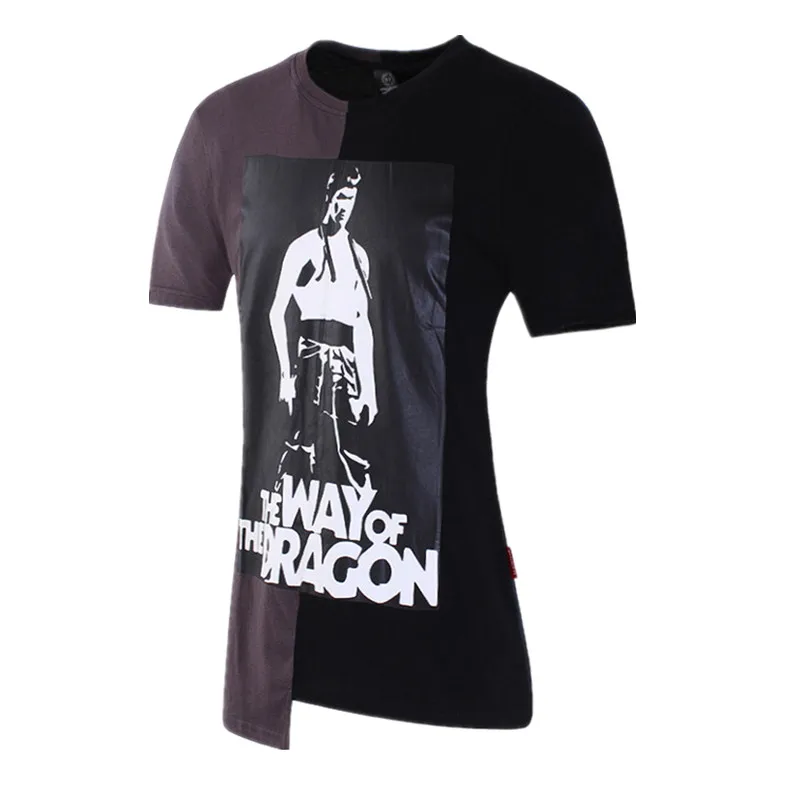 

100% Cotton Irregular splicing Bruce Lee printing T Shirt 2018 Mens T-shirts Summer Skateboard Tee Boy Hip hop Skate Tshirt Tops