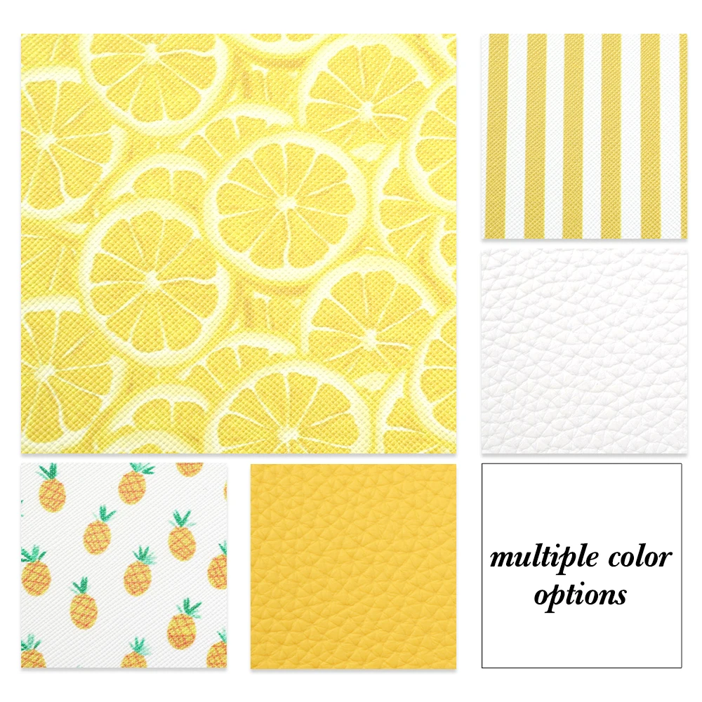 5 Pcs Lemon Pineapple Stripe Printed Solid Color Litchi Synthetic Leather Assorted Set For Making Handmade Projects,1Yc7325