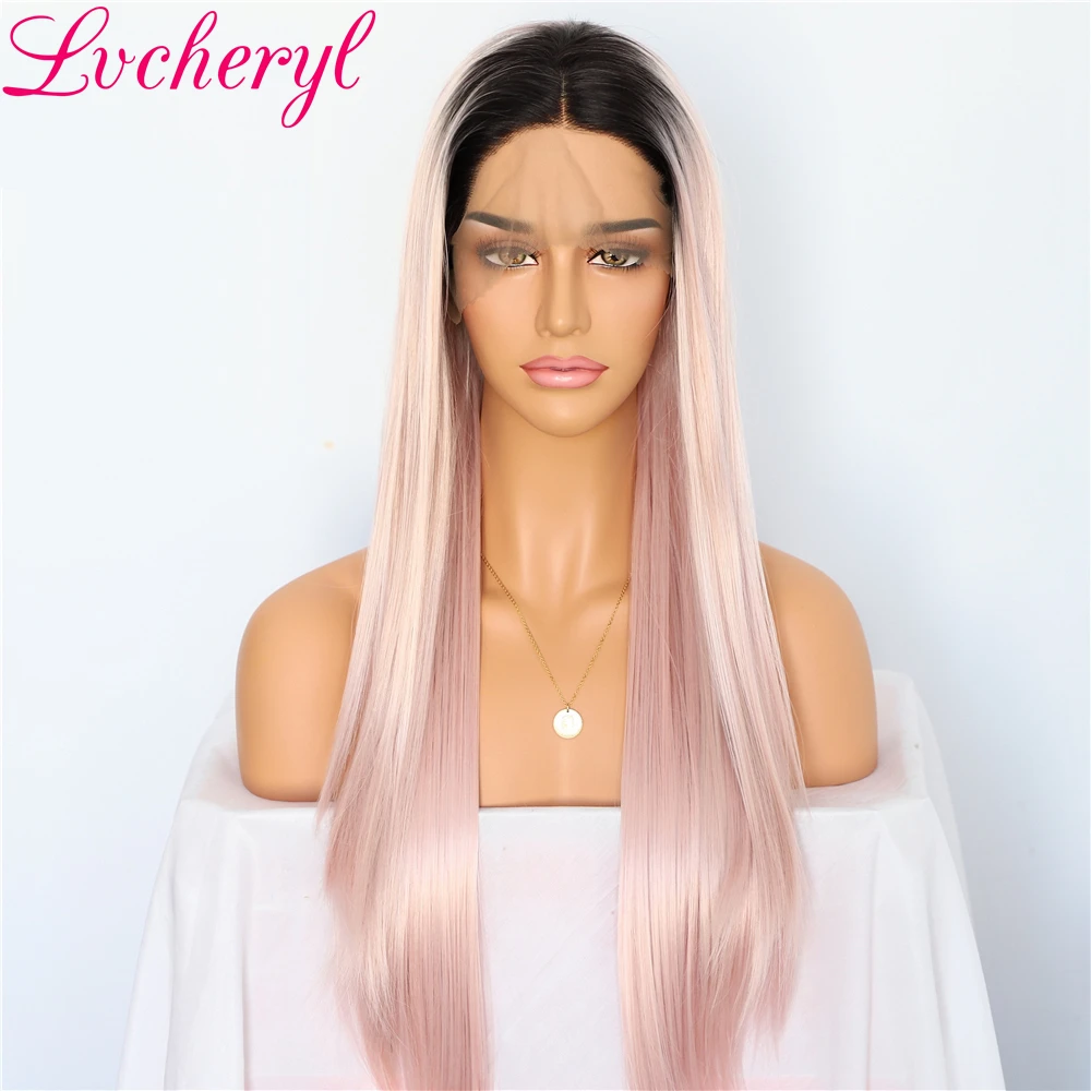 Lvcheryl Омбре, с темными корнями в розовый натуральный длинный шелковистый прямой полной плотности бесклеевые Синтетические Кружева передние парики для женщин