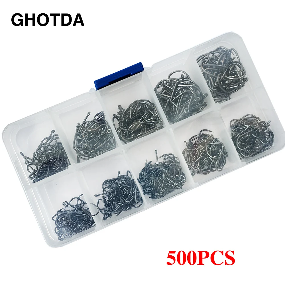 

500pcs High Carbon Steel Crank Hooks Set 10 Size Fish Hook in Retail Box