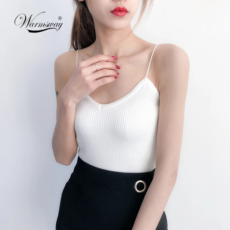 New knitted Tank Tops Women Summer Camisole Vest simple Stretchable Ladies V Neck Slim Sexy Strappy Camis Tops A-002