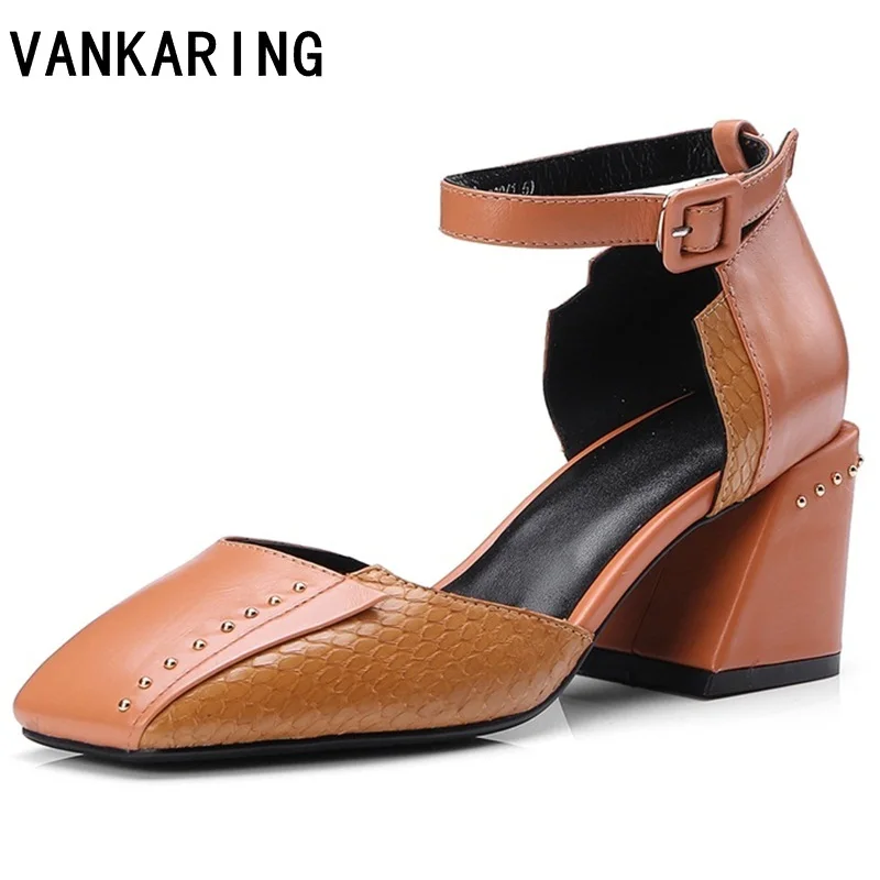 

VANKARING women shoes genuine leather summer sandals shoes square heels new fashion woman sandals date dress party shoes sandals