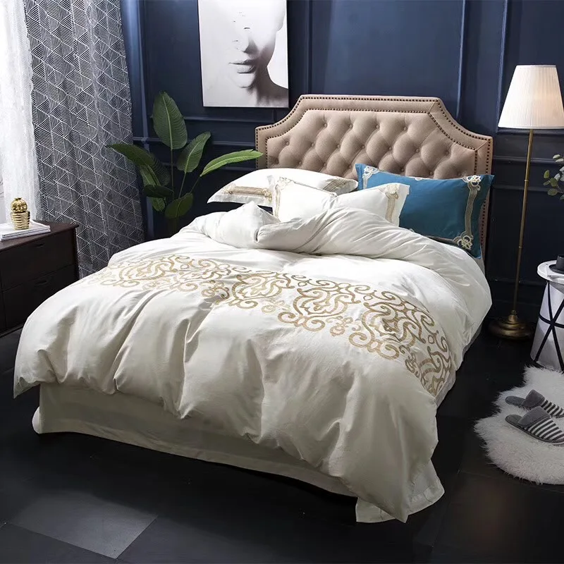 4pcs 100 Cotton 60S Sateen fabric pure white sheets with luxury