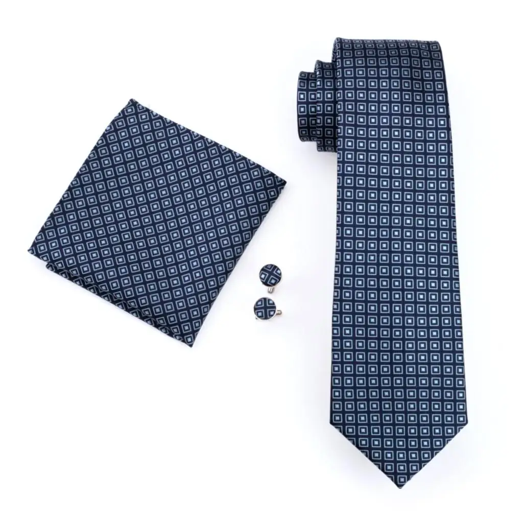 Fa-505 мужские галстук синий геометрический 100% шелк жаккард галстук Ханки Запонки Набор Бизнес Свадебная вечеринка Галстуки для Для мужчин;