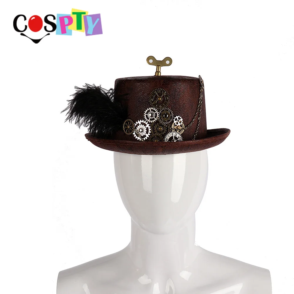 

Cospty Carnival Party Retro Steam Punk Cosplay Bowler Gear Chain Feather Decor Brown Steampunk Round Top Hat