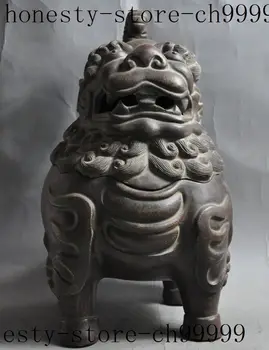 

11" china zisha Porcelain Evil spirits Foo dog lion wealth statue incense burner