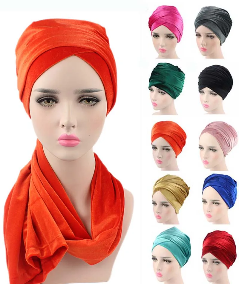 Nuove donne di moda di lusso pieghettato velluto turbante hijab avvolgere la testa tubo Extra lungo indiano foulard Tie