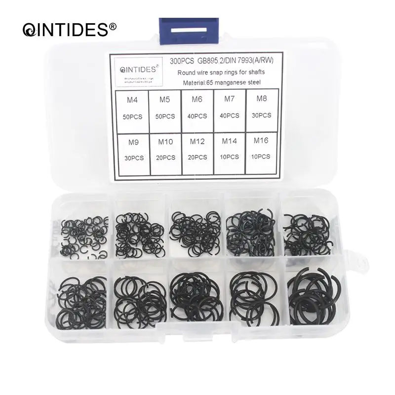 QINTIDES 300 Pieces M4 M16 Mix Round wire snap rings for shafts snap