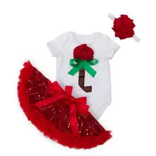 Комплект из 3 предметов, Рождественский наряд для новорожденных девочек, многослойные юбки с блестками, повязка на голову с цветами, розовый комбинезон, Новогодняя одежда для детей 0-24 месяцев