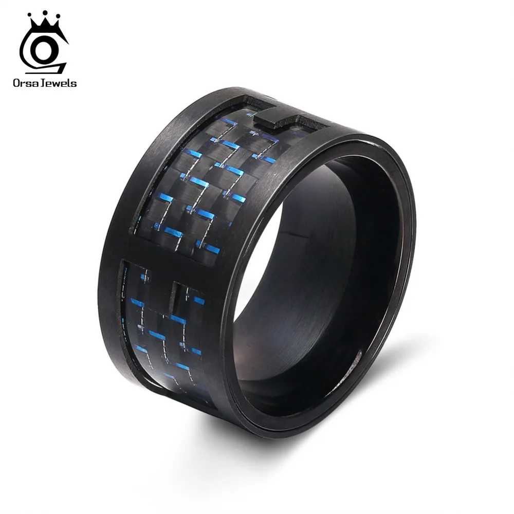 

ORSA JEWELS Men 316 Stainless Steel Rings OL Design Punk Style Black Color Carbon Fiber Material Invisible Setting Ring GTR41