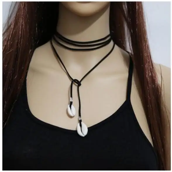 

na074 Harajuku Natural White Shell Korean Velvet Black Leather Cord Free Adjustable Neck Necklace Necklace Sweater Chain
