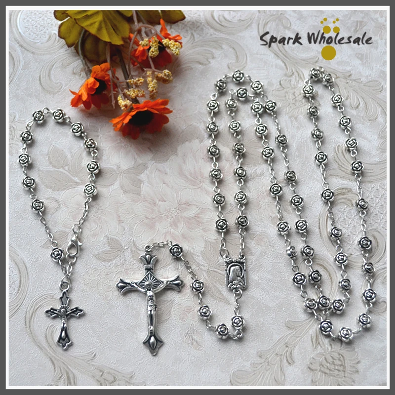 

Perfect Gift With Box!! Catholic Antique Silver Flower Beads Rosary Set Religious Virgin Cross Rosary Necklace Rosary Bracelet