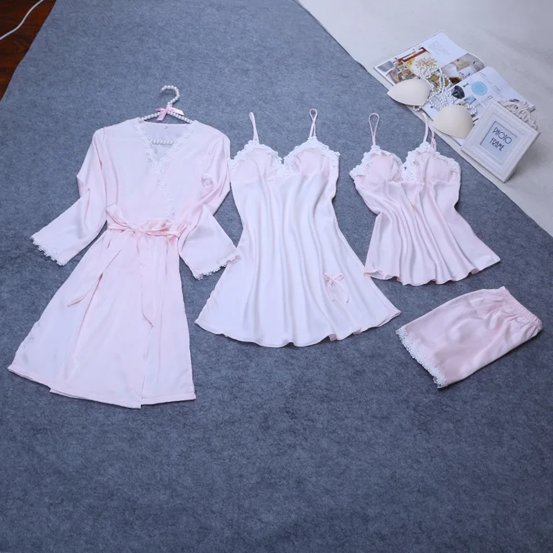 

Red Spring Sexy Robe Kimono Sleepwear Sleep Sets Womens 4pcs Strap Top Pants Suit Casual Home Wear Pajamas Nightwear Bath Gown