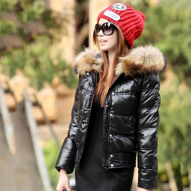 

Winter Short Thick Down Coats Women Hooded Jackets With Fur Collar Female Slim Coats Warm White Duck Down Outerwear Warm OL Lady