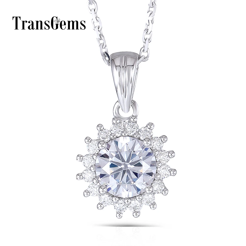 

Transgems 14K White Gold 585 1 Carat 6.5MM F Color Grade Moissanite Diamond Sunflower Shaped Pendant Slide Necklace for Women