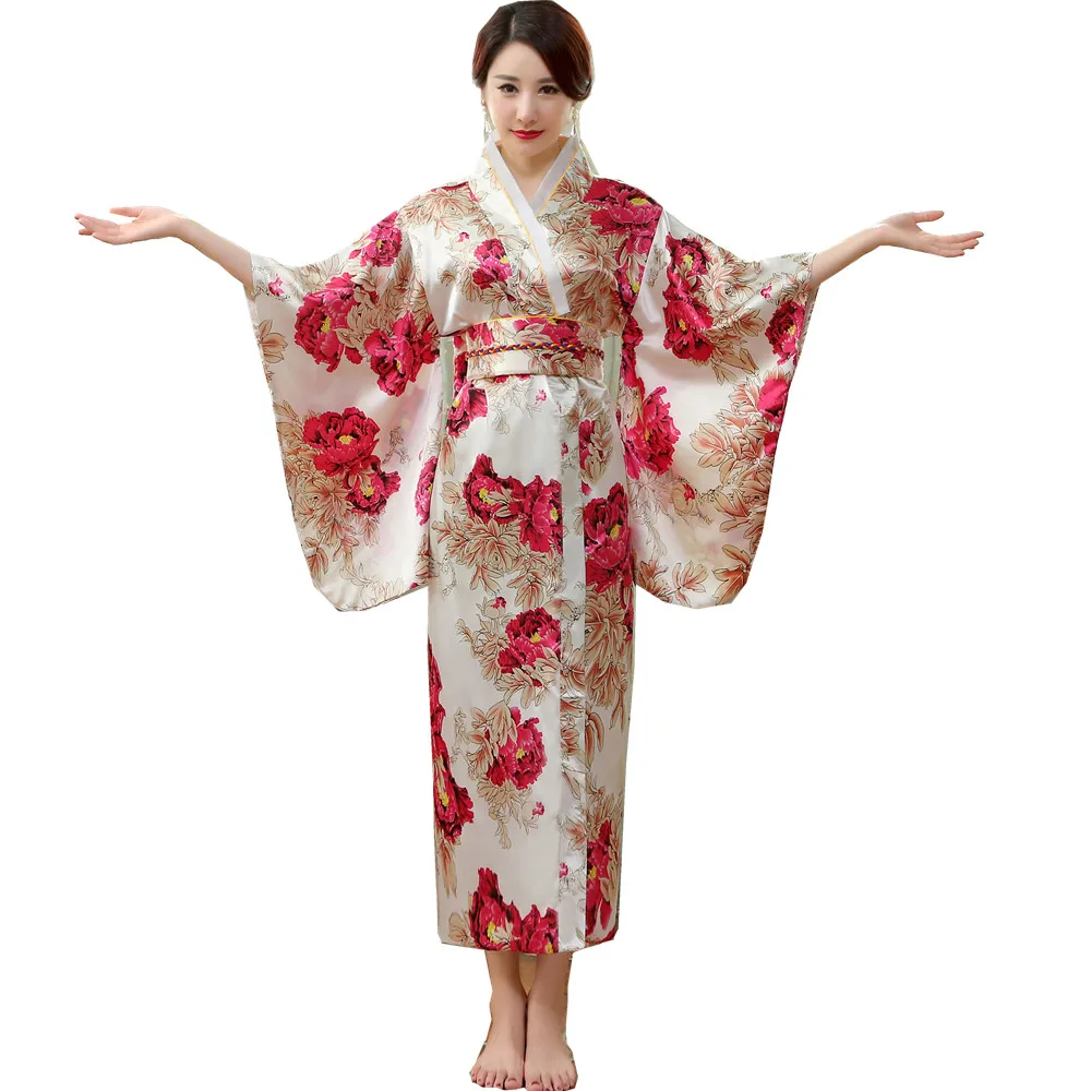

Japanese Traditional Women Silk Rayon Kimono Vintage Yukata With Obi Performance Dance Dress Halloween Costume One Size HL03