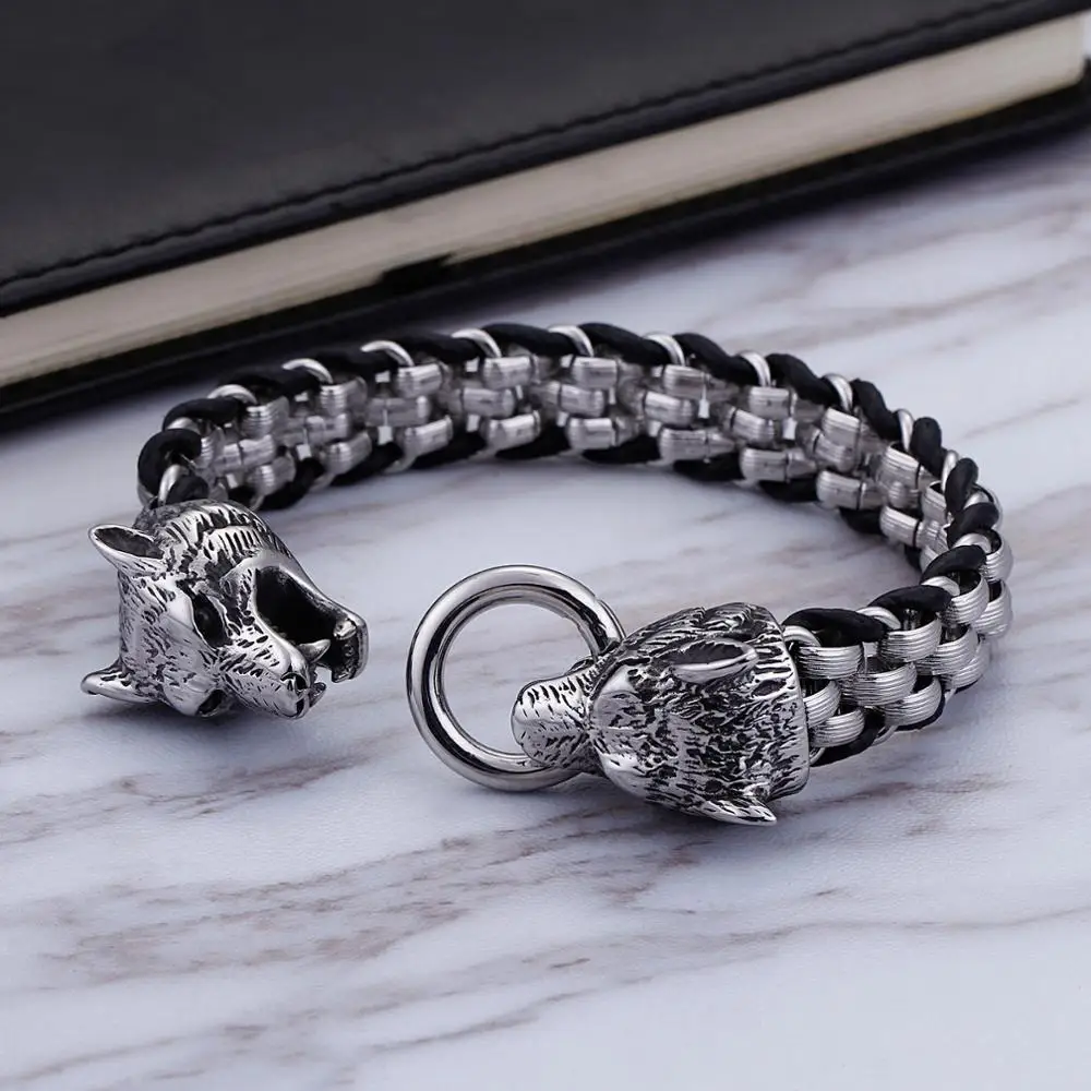 Fongten Vintage Dragon Stainless Steel Leather Men Fashion Bracelet Mens Bangle Accessoires Jewelry