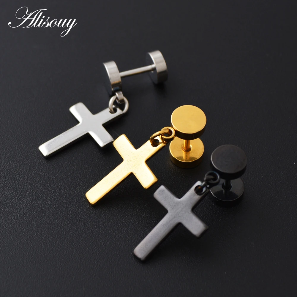 Alisouy Barbell Style Cross Hanging White Black Gold Color Stainless Steel Female Male Stud Earrings Women Men Studs Earring - Image 3