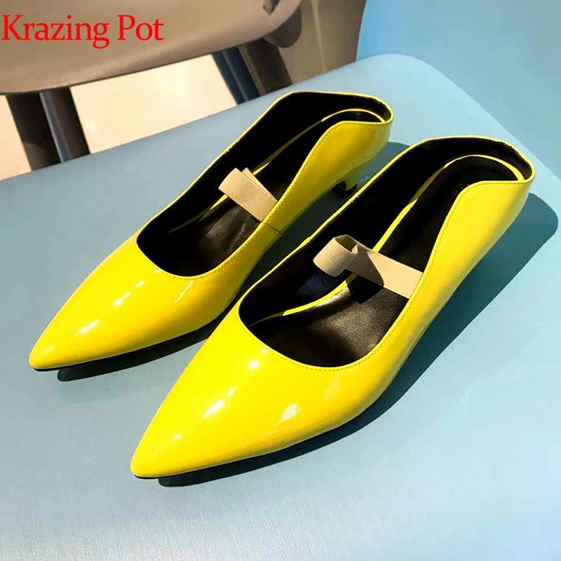 

Krazing Pot genuine leather pointed toe med heels slip on big size handmade breathable candy color summer sweety girl pumps L03