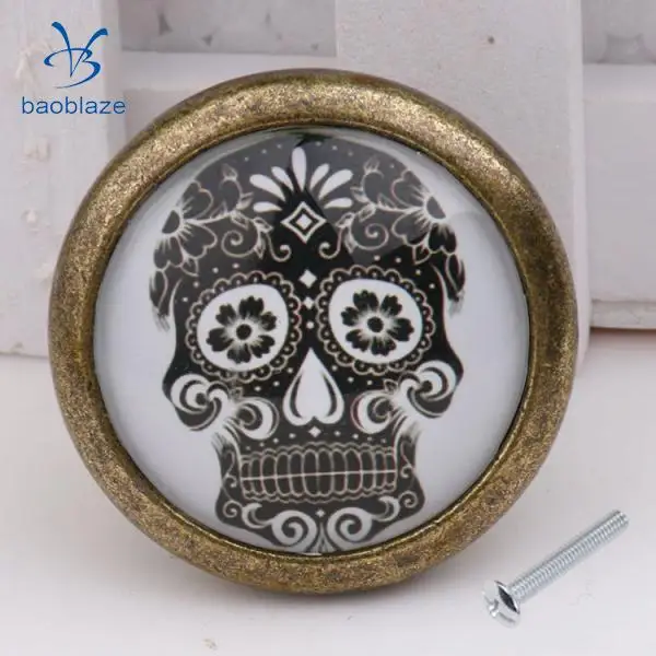 2 Pieces Skull Prints Antique Brass Cabinet Drawer Round Pulls Wardrobe Cabinet Door Cupboard Knob