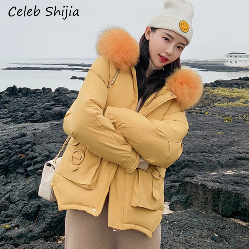

Winter Cotton Coat Woman Hooded with big artificial Fur blue yellow pink Loose cotton down jacket parkas fmeem oversize mujer