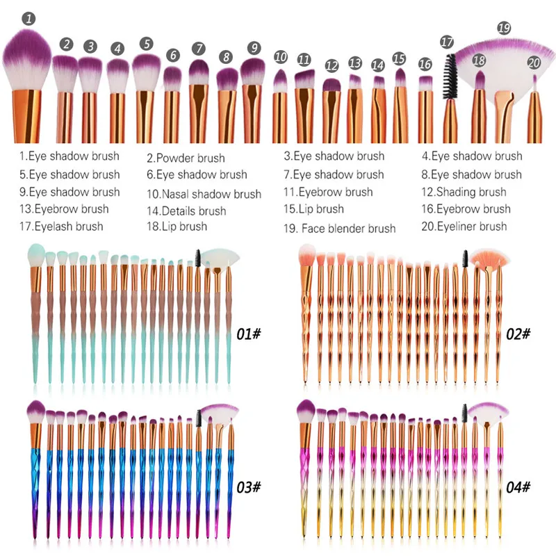 Алмазные 20 шт./набор кистей для макияжа Набор пудры тени для век Базовая Смесь Румяна для губ Косметика для красоты Мягкая Кисть для макияжа инструмент