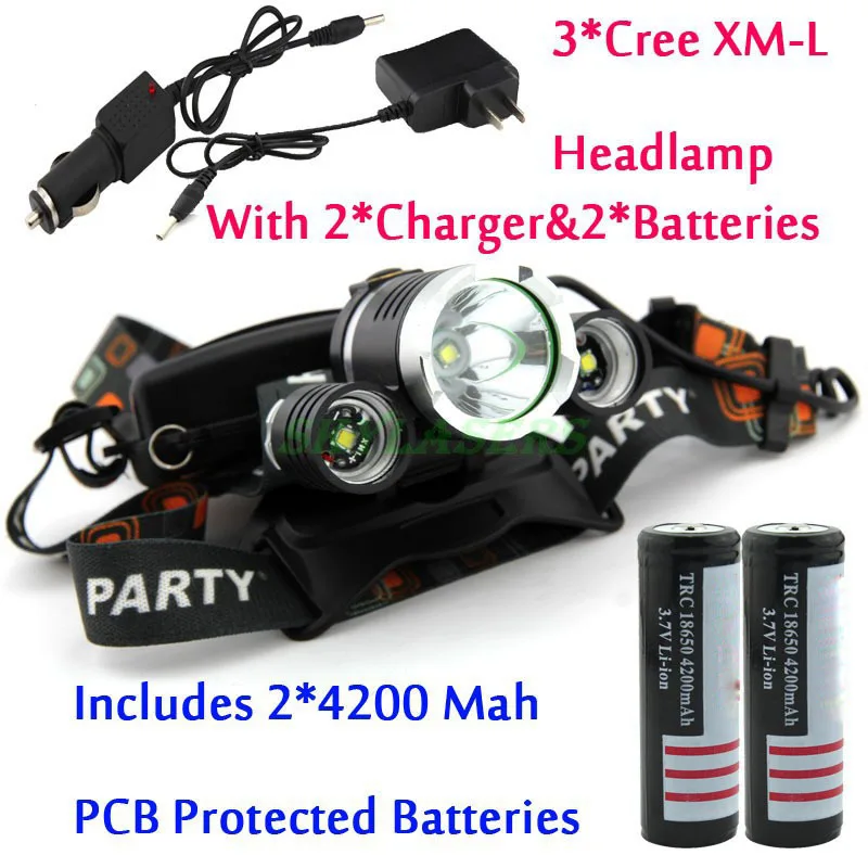 

Big Sale! 3 x XM-L XML T6 LED 5000LM Headlight Light Head lamp + 2 * PCB Protected 4200Mah 18650 batteries + 2 * Charger