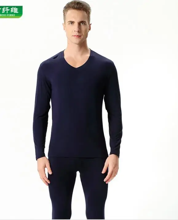 New Bamboo Fiber V-neck Warm Long Johns Set For Men Ultra-Soft Solid Color Thin Thermal Underwear Men's Pajamas 7XL thermal pants and shirt