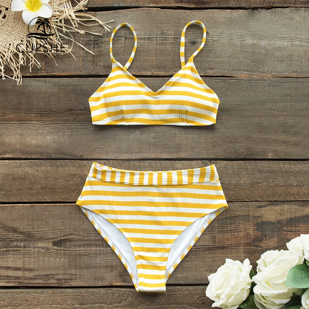 

CUPSHE Yellow Stripe Bikini Sets With High-waisted Bottom Sexy Swimsuit Two Pieces Swimwear Women 2019 Beach Bathing Suits