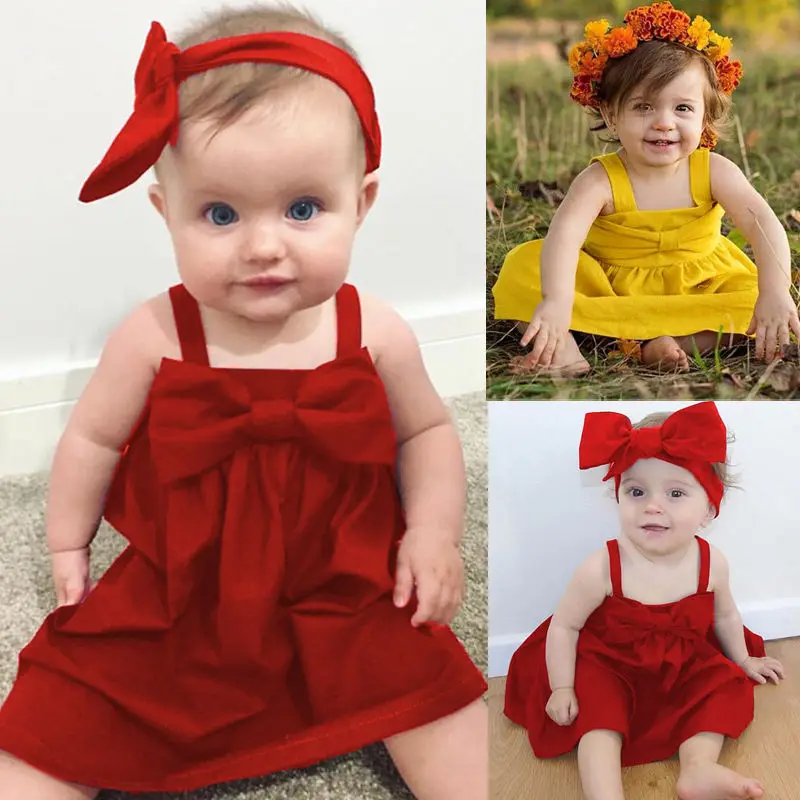 Милый Летний Сарафан для маленьких девочек короткое мини-платье-майка с бантом повседневные хлопковые платья для маленьких детей, костюм без рукавов красного и желтого цвета