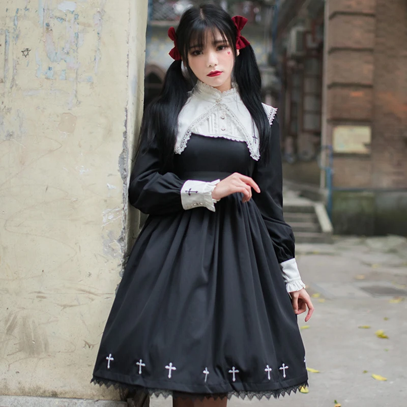 Весна осень японский старинные крест вышивка кружева полые принцесса лолита dress