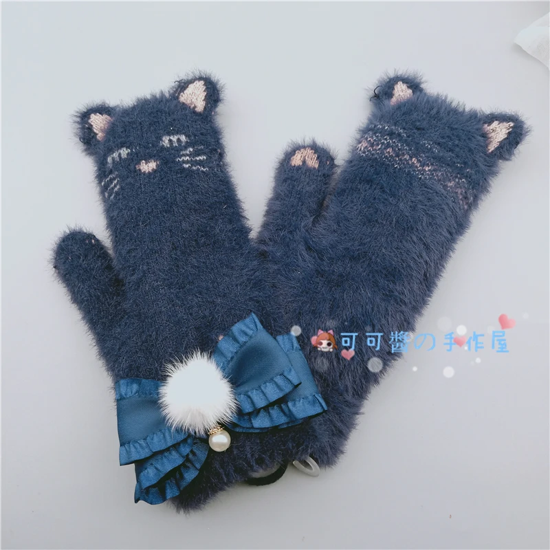 Ручной теплый diy утолщение имитация кролика шерсть перчатки Лолита мягкие, милые и милые сестры Китти лук - Цвет: Dark blue