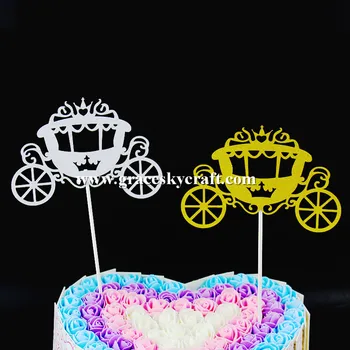 

12pcs free shipping NEW Glitter paper Wedding Birthday Cakes Toppers prince and princess in carriage Party Favors cupcake picks