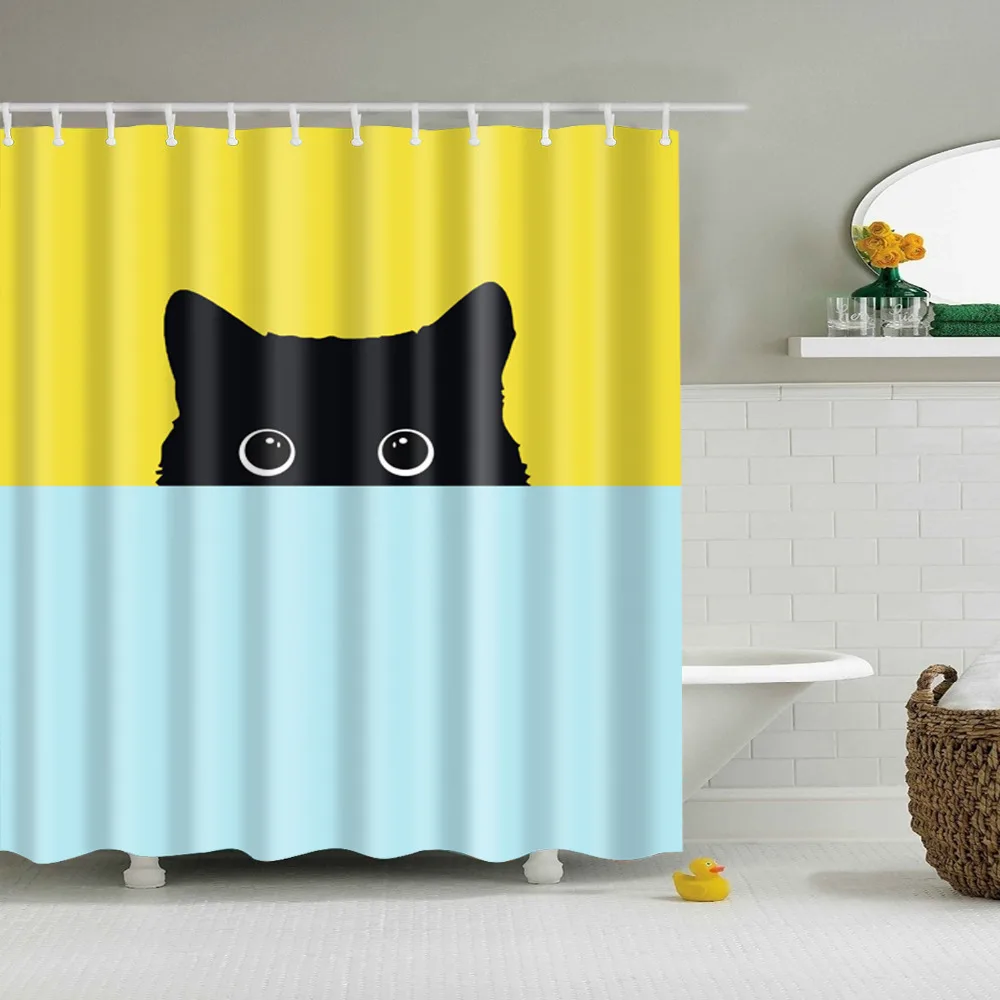 Cute Cartoon Cat Shower Curtain Eco Friendly Waterproof Bathroom Scenic