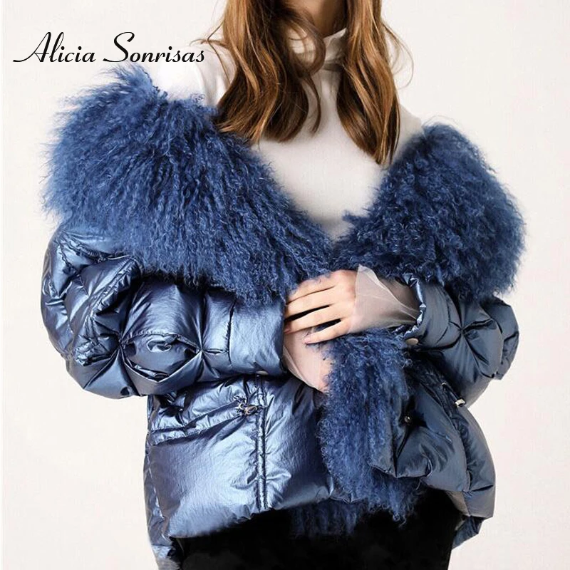 Beste 2019 Winter Jas Vrouwen Witte Eendendons Jassen Grote Natuurlijke Lam Bontkraag Losse Parka Bovenkleding Waterdichte Glossy Jassen