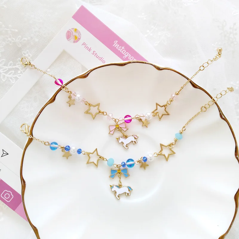 Japan Unicorn Bowknot With Beads Moon Star Crystal Bracelet -Unicorn Fashion