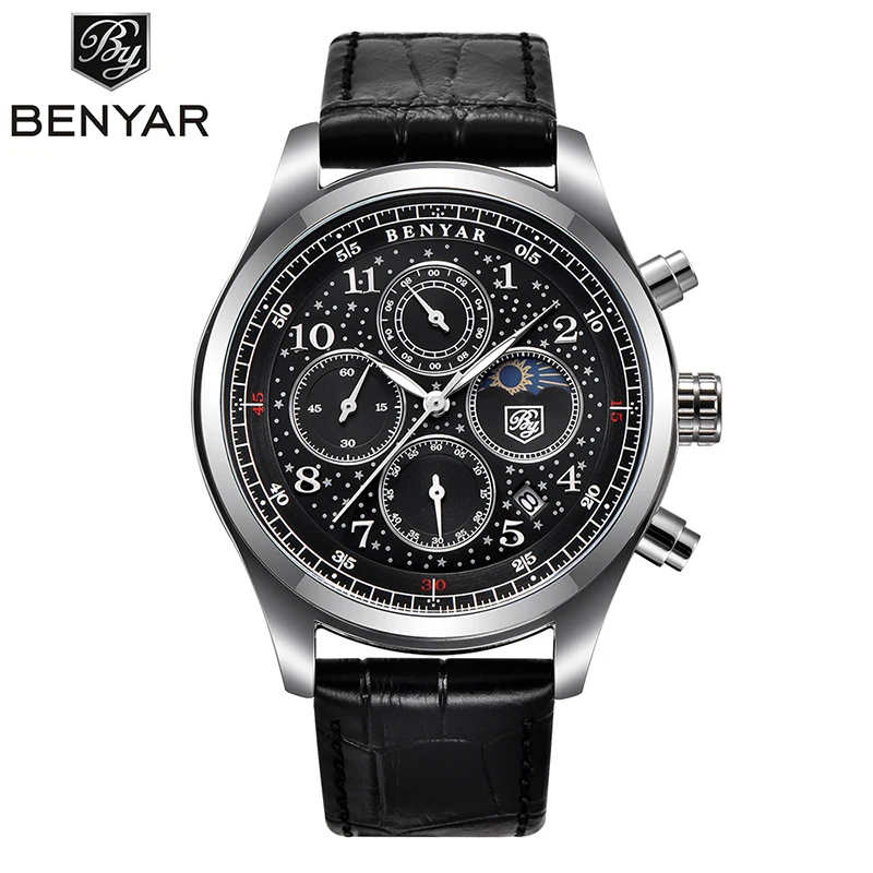 

Male High Quality Waterproof White Shell Genuine Leather Starry Men Watch Sport Brand New Chronograph Quartz Watches kol saati