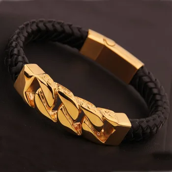 

New Arrive Stainless Steel Gold Tone Cuban Curb Link Chain Black Braided Leather Wristband Mens Boy Bracelet Bangle Punk Jewelry