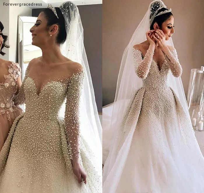 Shiny Pearl A Line Wedding Dresses 2019 High Quality Sheer Scoop Neckline Long Sleeves Arabic Bridal Gowns Formal Custom Made  204 - fuben