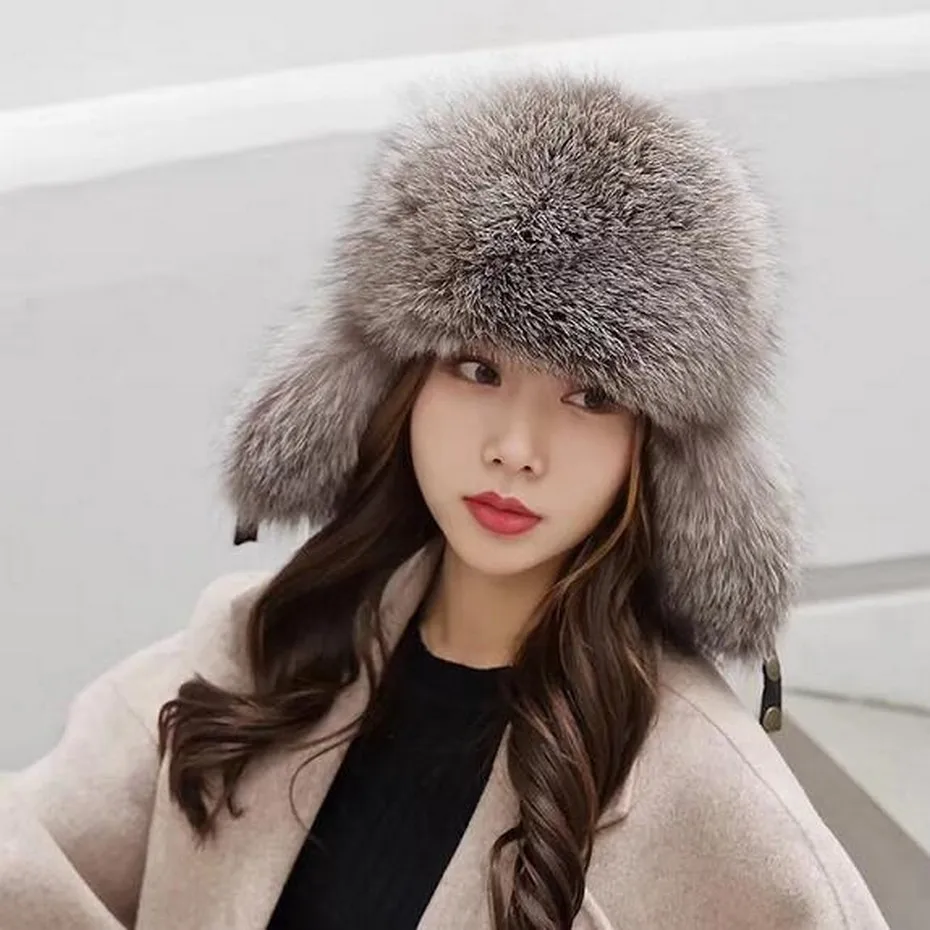 

Glaforny 2018 New Silver Fox Fur Hats Unisex Real Fur Caps with Cloth Tops Winter Warm Blue Fox Fur Beanies Russian Warm Caps