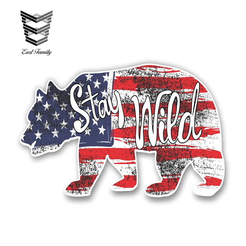 

EARLFAMILY 13cm X 8.5cm Stay Wild US Flag Bear Sticker Car Vinyl Decal Sticker for Auto Cars Window Bumper Laptops