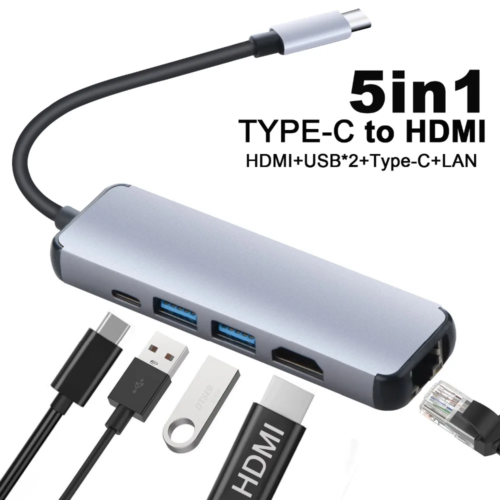 5 в 1 TYPE-C к HDMI USB Hub Gigabit Ethernet Rj45 сетевой адаптер для Macbook Pro Thunderbolt 3 USB-C зарядное устройство Порты и разъёмы