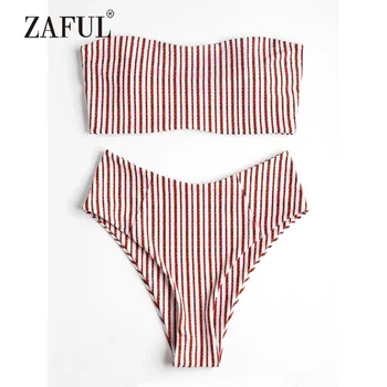 

ZAFUL Bikini Bandeau Striped High Cut Bikini Set Women's Swimsuit Padded Swimwear Sexy Strapless BIquni Summer Swimming Suit