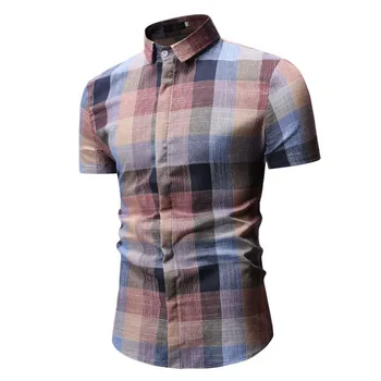 

Men's Plaid Casual Button Down Short Sleeve Shirt Top Blouse Men Shirt camisa masculina Mens Dress Shirts 7.13