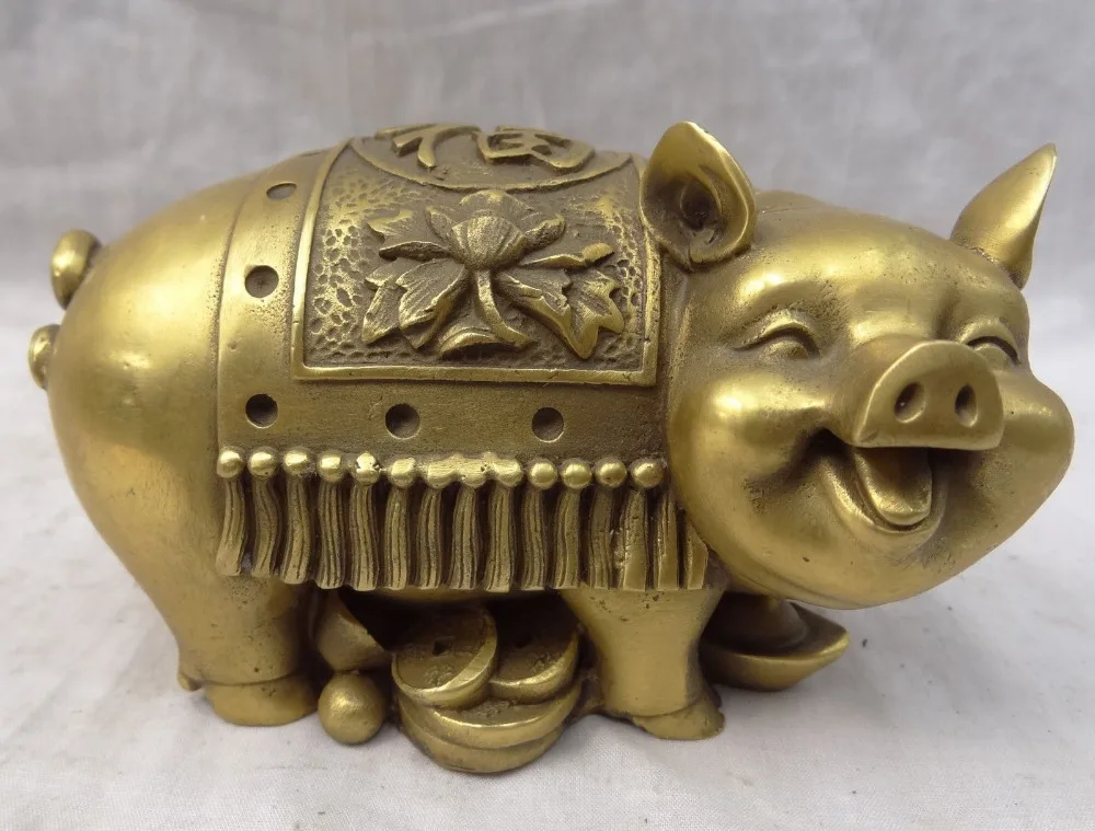 

Folk Chinese Pure Brass Year Zodiac Animals Wealth Fu Pig Piggy Statue Sculpture