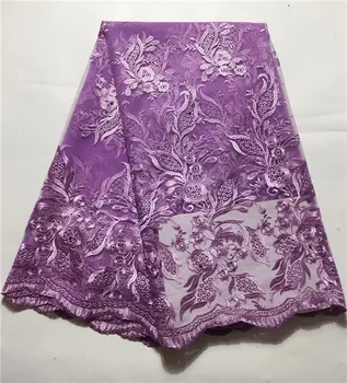 

purple New Net French Lace Fabric Dress High Quality Nigeria Material Mesh Pearls Stones Wedding Tulle Cord Fabric(JY-4-19