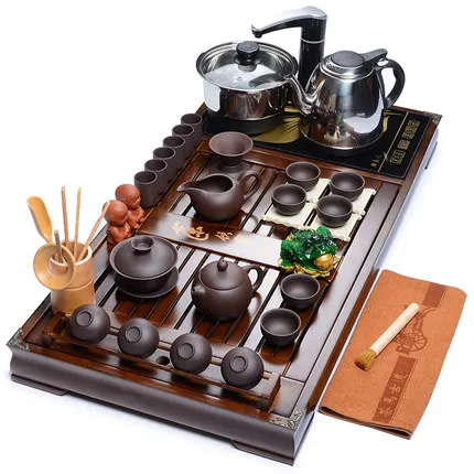 Китайский чайный набор кунг-фу домашний Zisha/керамический чайный набор четыре в одном электрическая плита чай Тайвань твердый деревянный чайный поднос аксессуары - Цвет: 02 Set