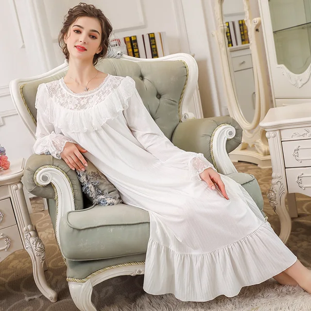 Womens Elegant Long Nightgowns Female Sweet Princess Sleeping Home Dress Lady Lace White Pink 